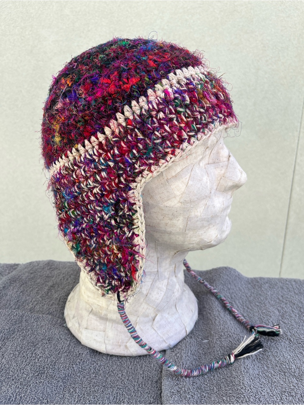 Handmade Hemp and Silk Multicolor Earflap Crocheted Hat